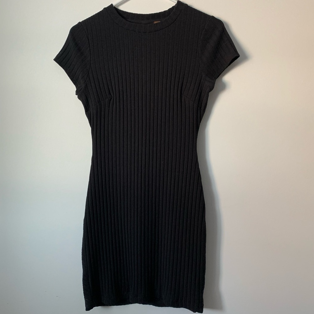 Free People Black Ribbed Bodycon Dress w/ Crew Neck, Cap Sleeves, & Cut Out Back